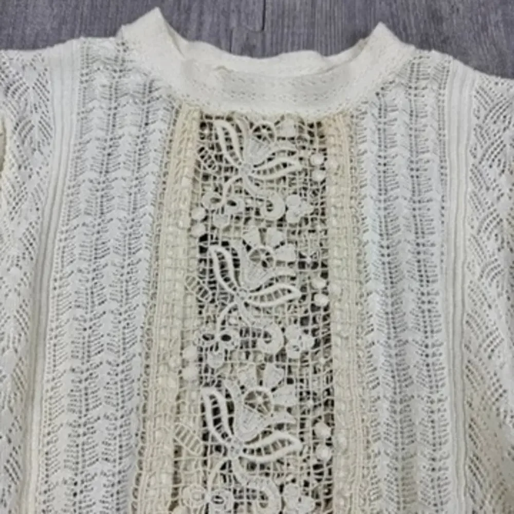 Zara Cream Pointelle Knit Crochet Puff Sleeve Crop Sweater Sz S Lace Cottagecore